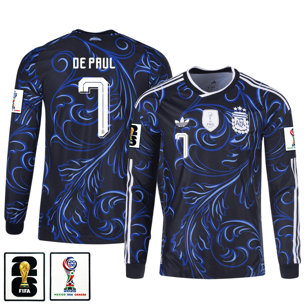 Rodrigo De Paul 7 Argentina 2026 Away Long Sleeve Jersey - Black