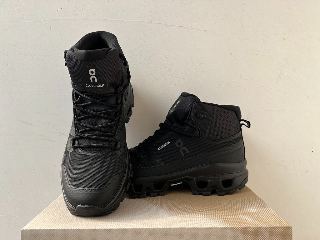 On Cloudrock Mid Waterproof Hiking Boots in All Black / Triple Black Shoes