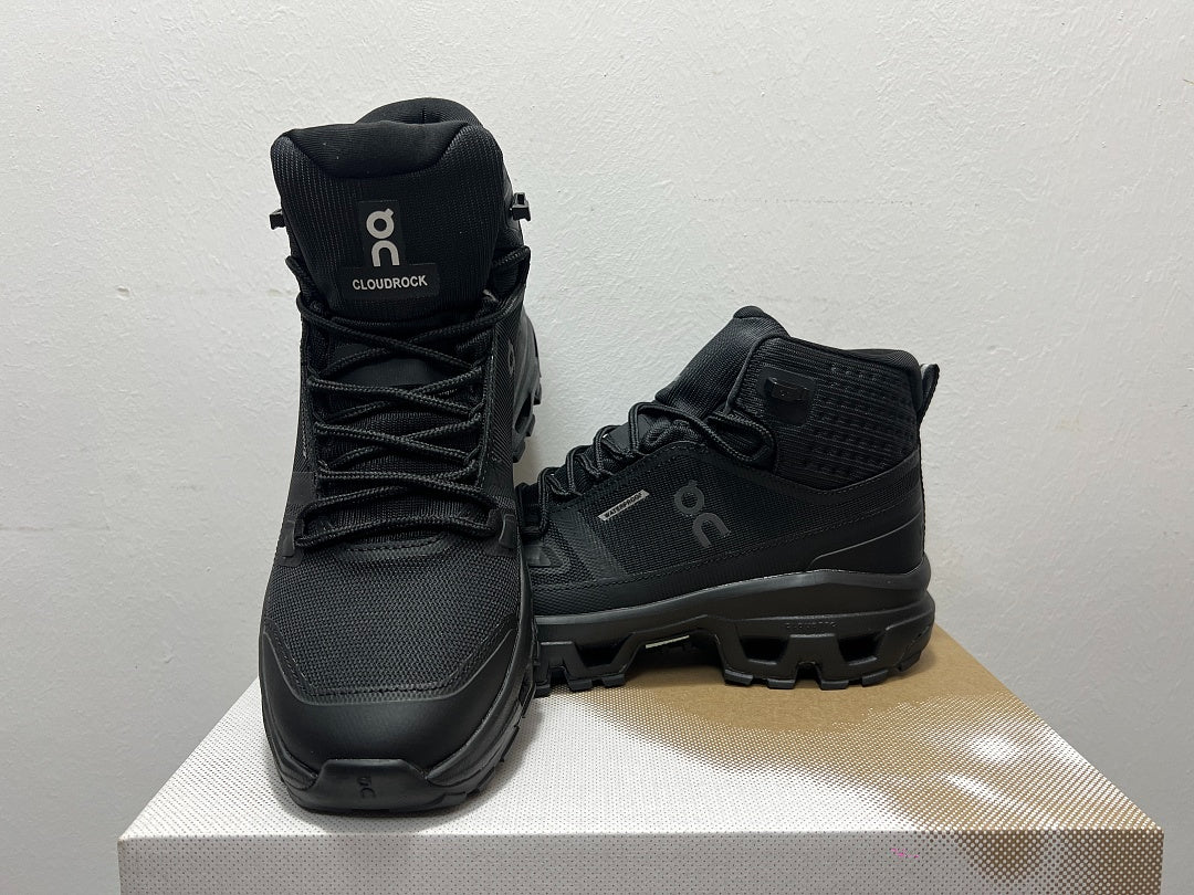 On Cloudrock Mid Waterproof Hiking Boots in All Black / Triple Black Shoes