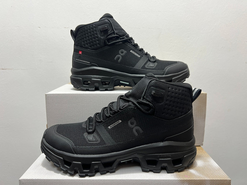 On Cloudrock Mid Waterproof Hiking Boots in All Black / Triple Black Shoes
