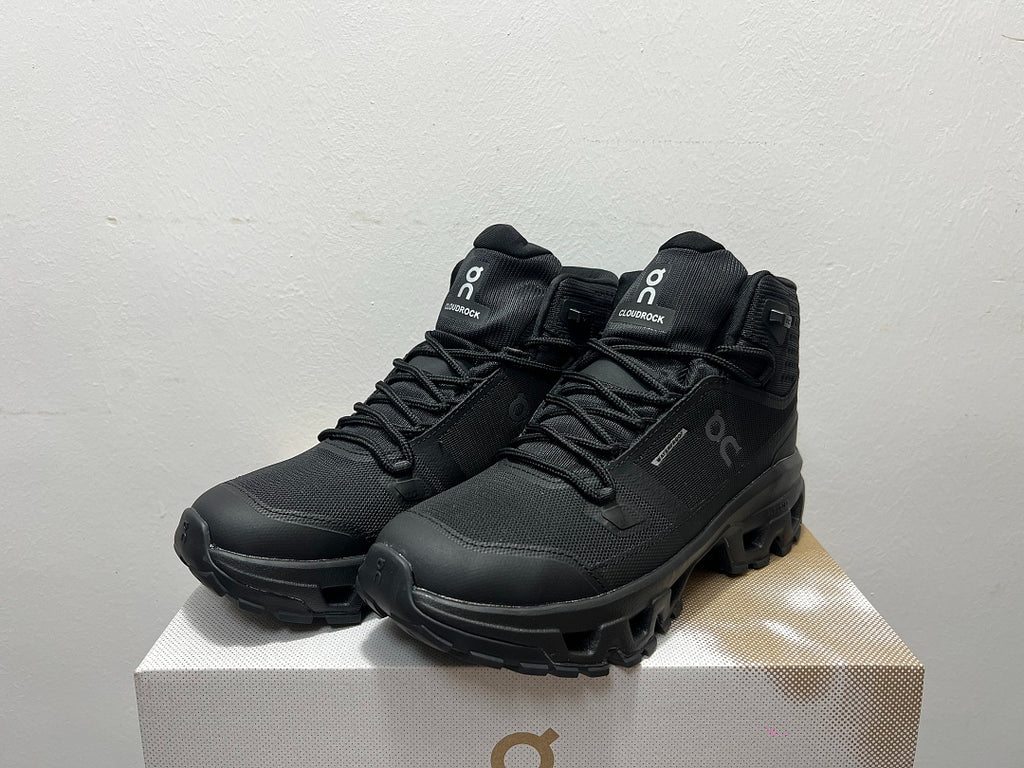 On Cloudrock Mid Waterproof Hiking Boots in All Black / Triple Black Shoes
