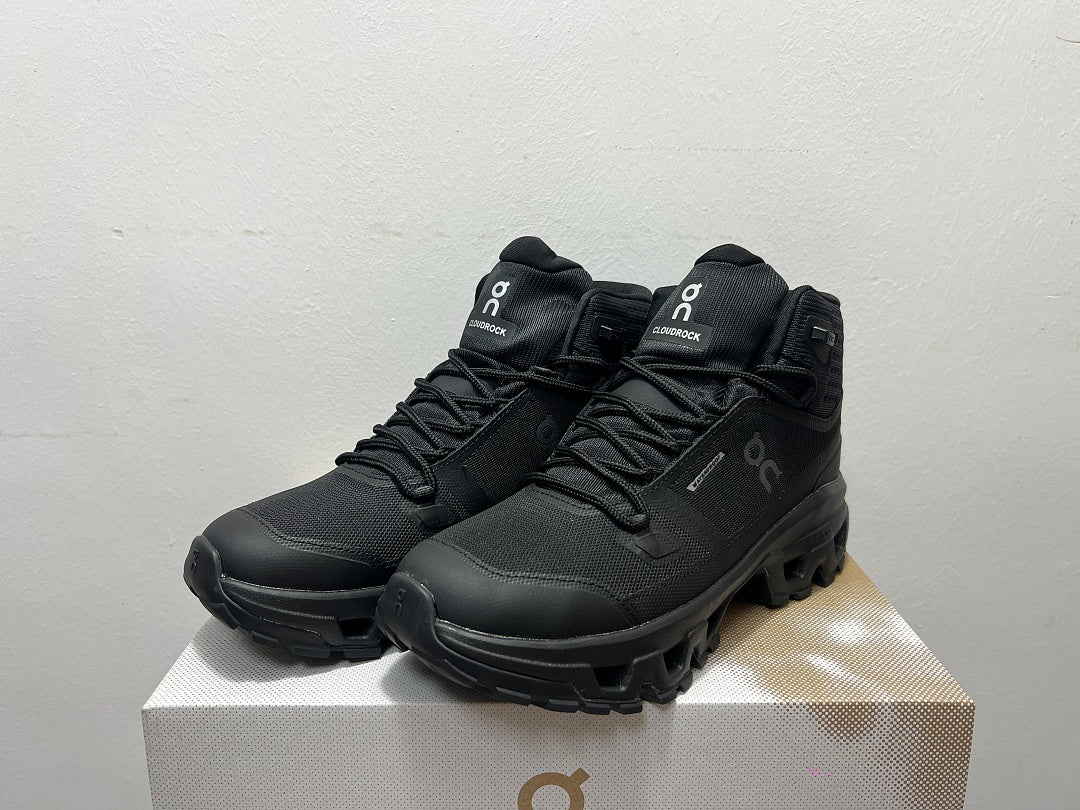 On Cloudrock Mid Waterproof Hiking Boots in All Black / Triple Black Shoes