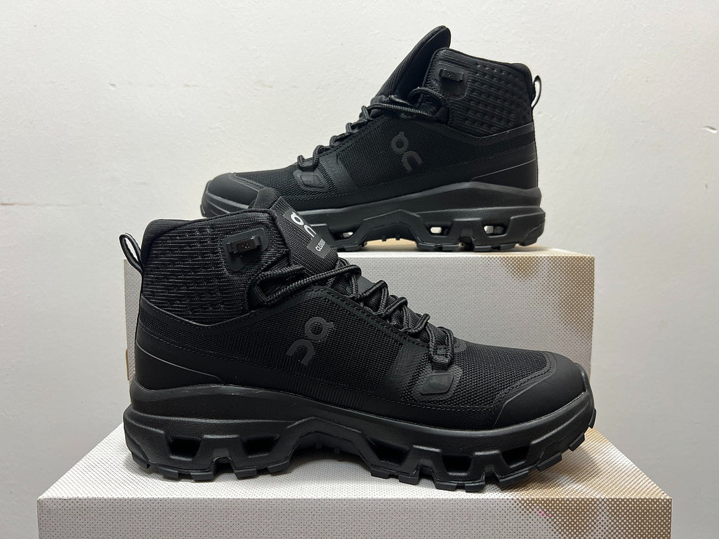 On Cloudrock Mid Waterproof Hiking Boots in All Black / Triple Black Shoes