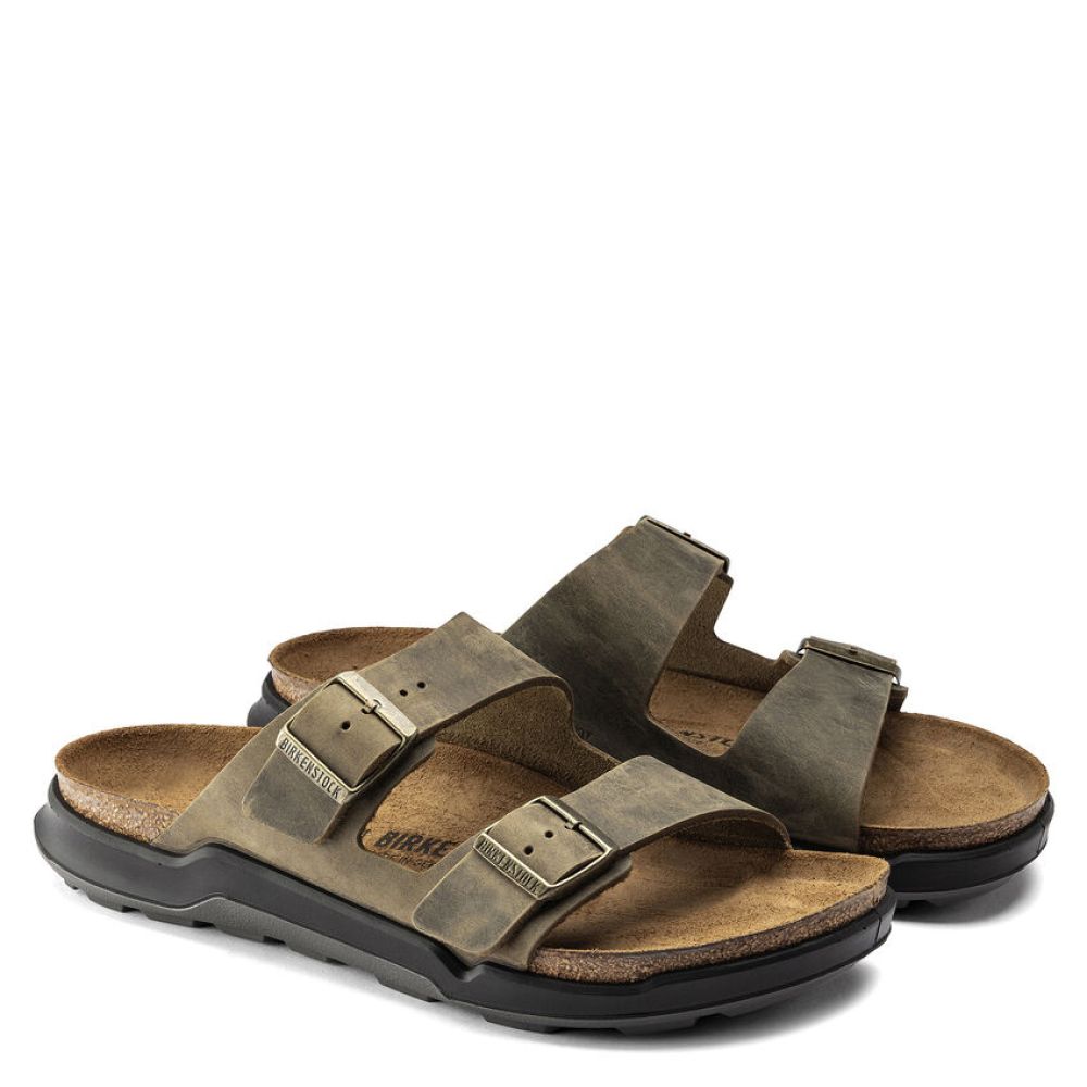 Birkenstock Sandals Men's Arizona Cross Town Oiled Leather in Faded Khaki Sandals