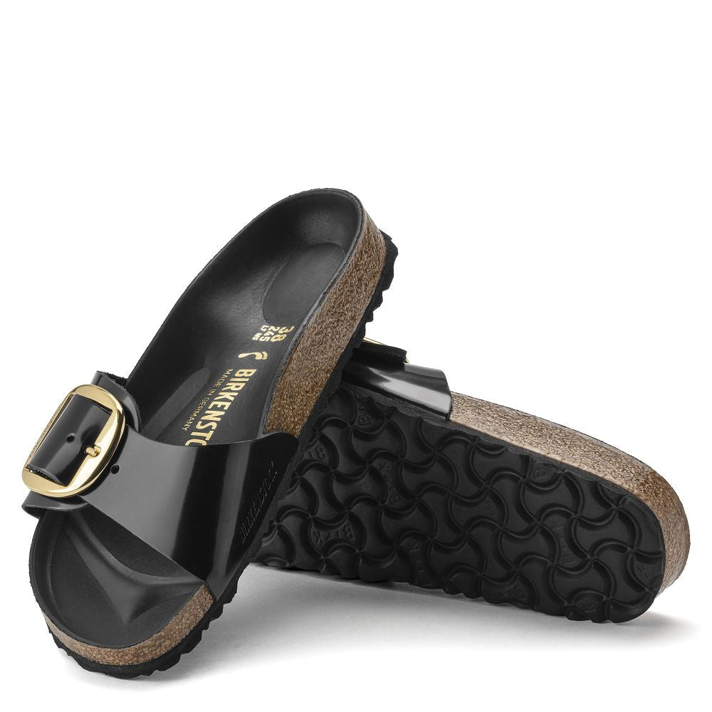 Birkenstock Sandals Women's Madrid Big Buckle Oiled Leather in High Shine Black Sandals