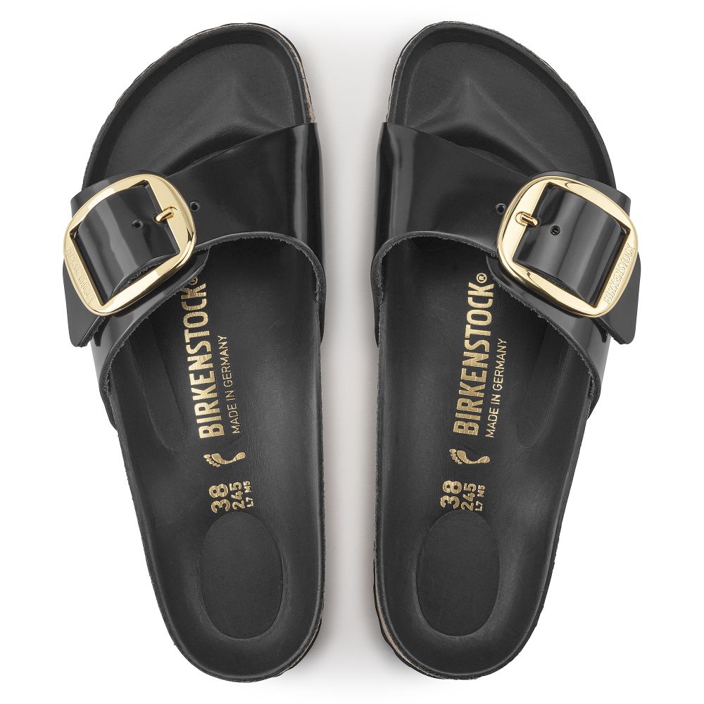 Birkenstock Sandals Women's Madrid Big Buckle Oiled Leather in High Shine Black Sandals
