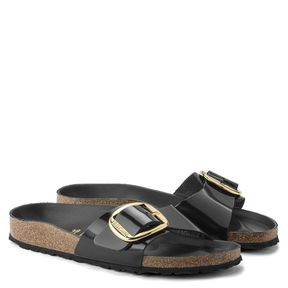 Birkenstock Sandals Women's Madrid Big Buckle Oiled Leather in High Shine Black Sandals
