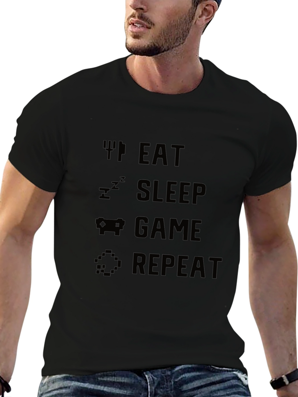 Eat Sleep Game Repeat Black Graphic Tee