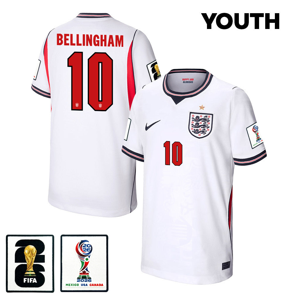 Jude Bellingham 10 Youth England National Team 2026 Home Soccer Jersey - White