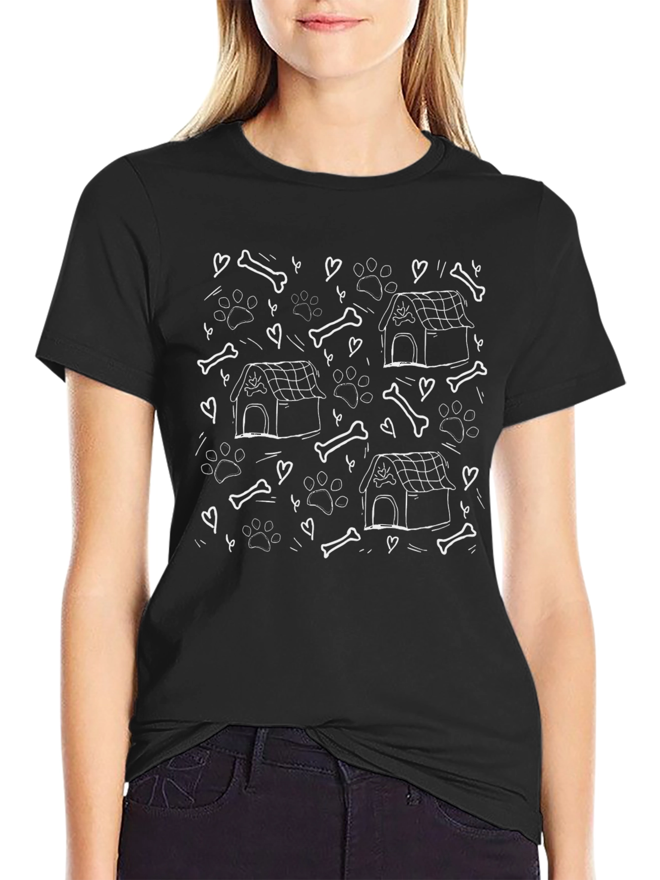 Dog Lovers Graphic Tee - Bones Paw Prints and Doghouses