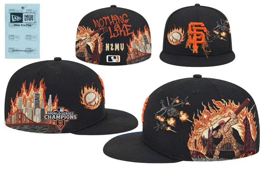 New Era Closed Back Fitted Baseball Cap, Multi Vintage Team Patch Embroidery Flat Bill Hip Hop Hat