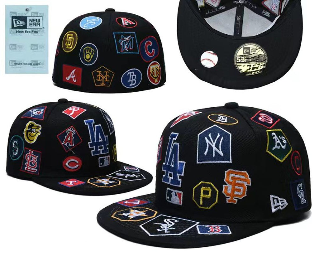 New Era Closed Back Fitted Baseball Cap, Multi Vintage Team Patch Embroidery Flat Bill Hip Hop Hat for Men Women