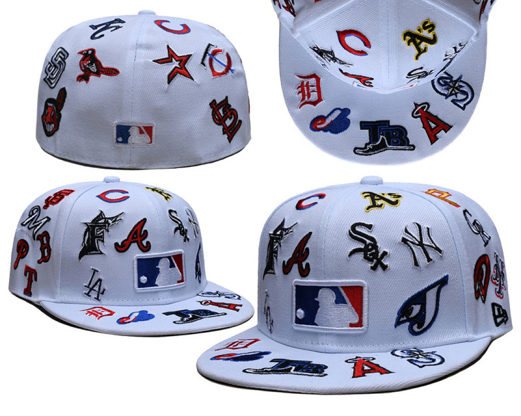 New Era Closed Back Fitted Baseball Cap, Multi Vintage Team Patch Embroidery Flat Bill Hip Hop Hat