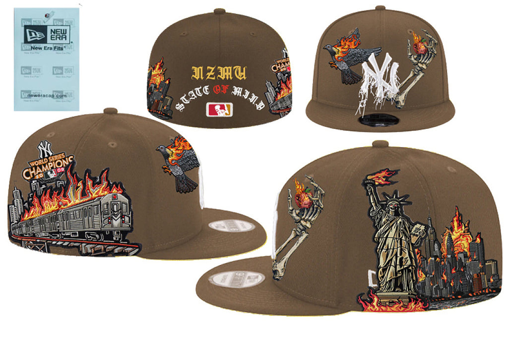 New Era Closed Back Fitted Baseball Cap, Multi Vintage Team Patch Embroidery Flat Bill Hip Hop Hat for Men Women