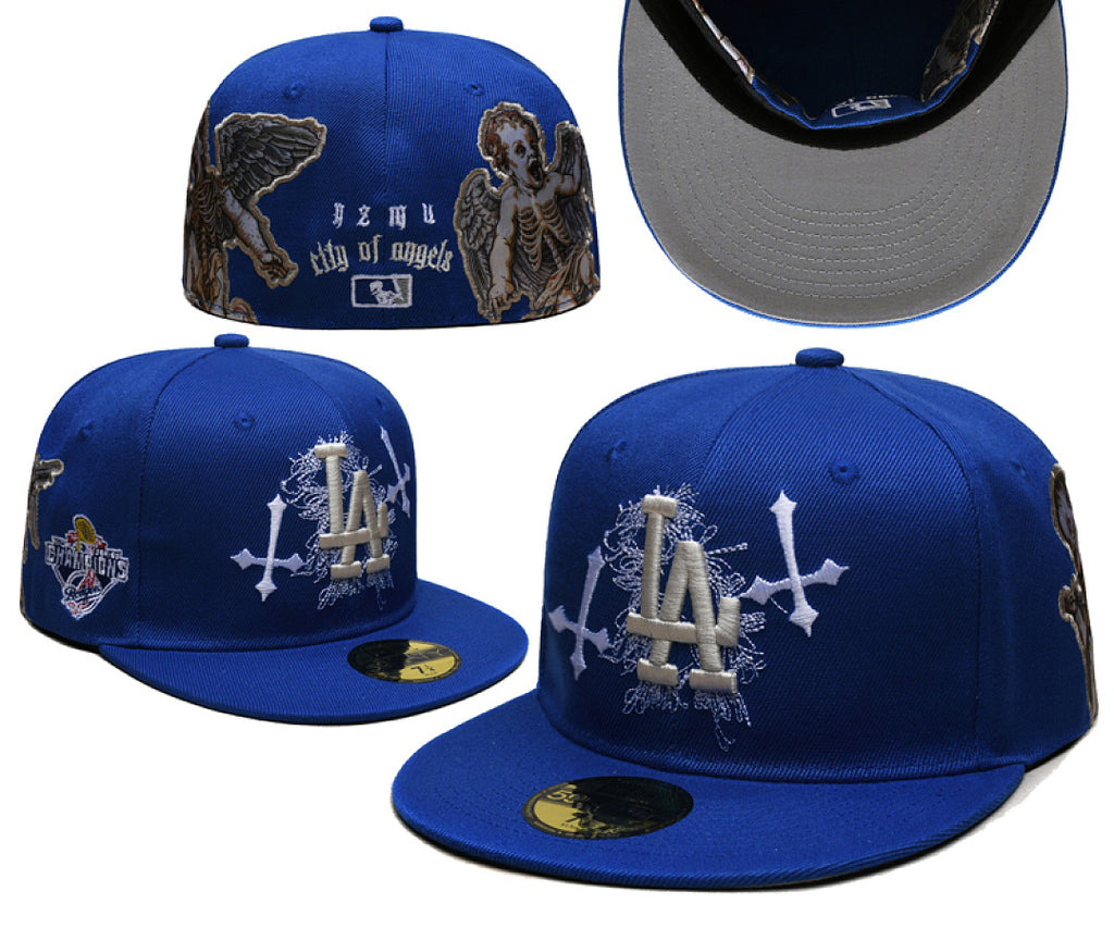 New Era Closed Back Fitted Baseball Cap, Multi Vintage Team Patch Embroidery Flat Bill Hip Hop Hat for Men Women