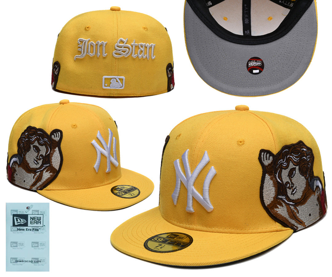 New Era Closed Back Fitted Baseball Cap, Multi Vintage Team Patch Embroidery Flat Bill Hip Hop Hat for Men Women
