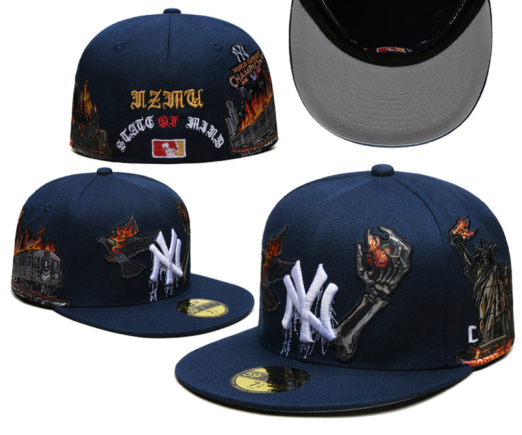 New Era Closed Back Fitted Baseball Cap, Multi Vintage Team Patch Embroidery Flat Bill Hip Hop Hat