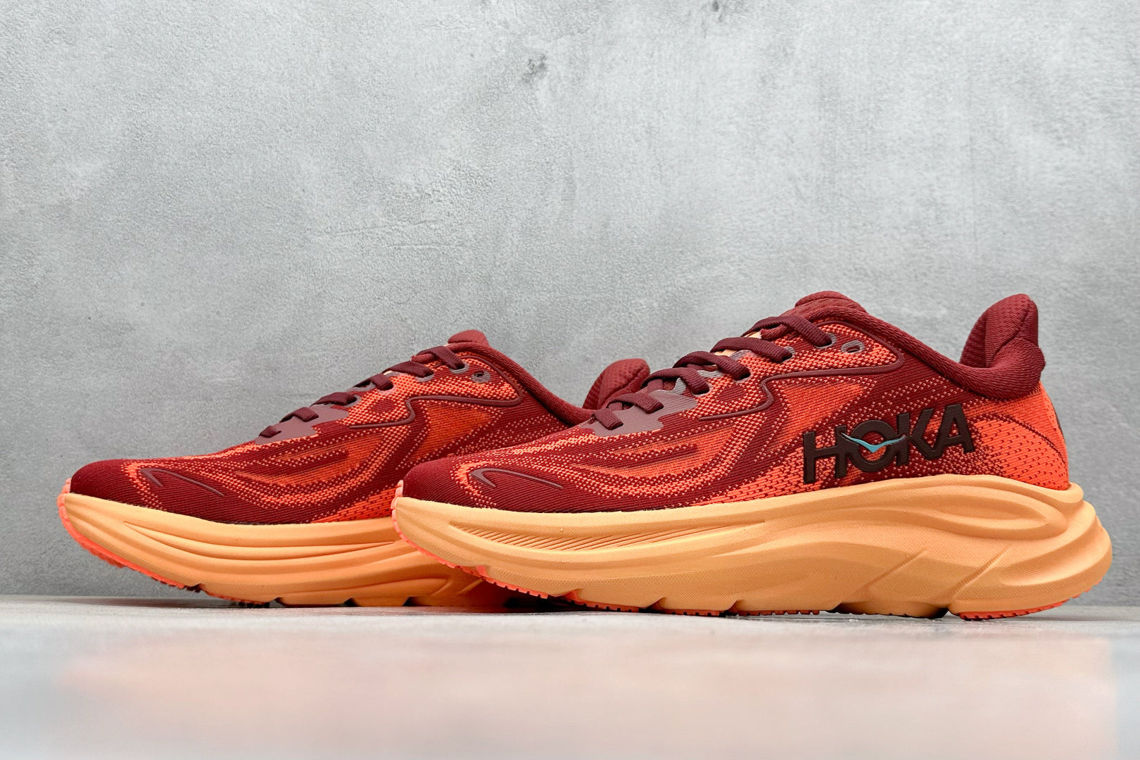 HOKA Clifton 10 Wine Red/Orange Cushioned Athletic Running Trainers Shoe
