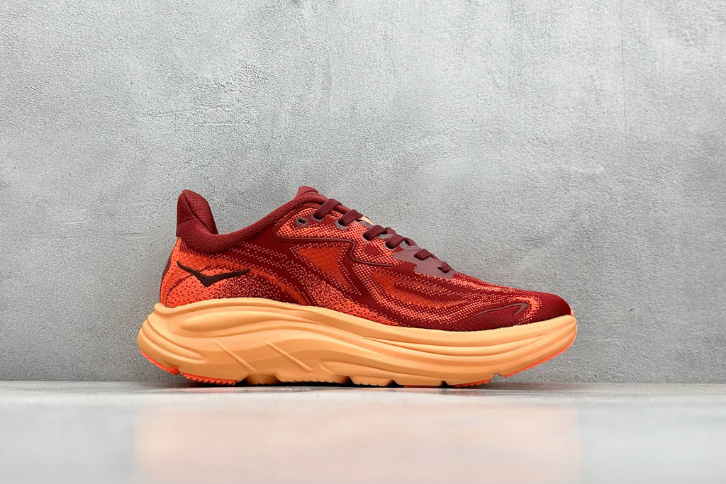 HOKA Clifton 10 Wine Red/Orange Cushioned Athletic Running Trainers Shoe