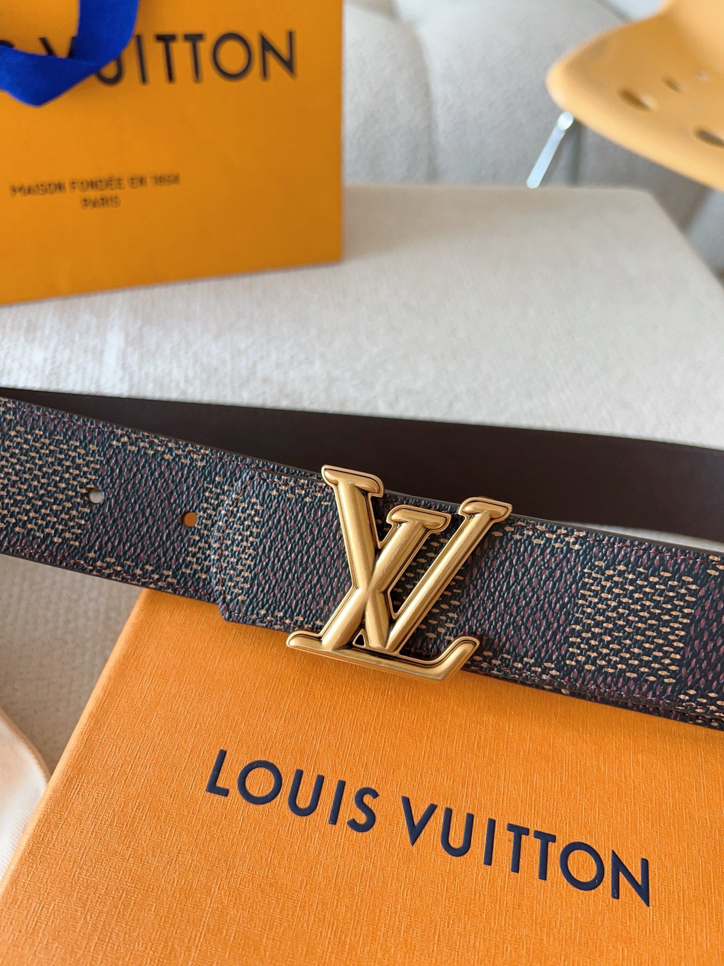 Black Dot Damier Pattern Men Belt Silver Metal LV Buckle Formal Dress Belt