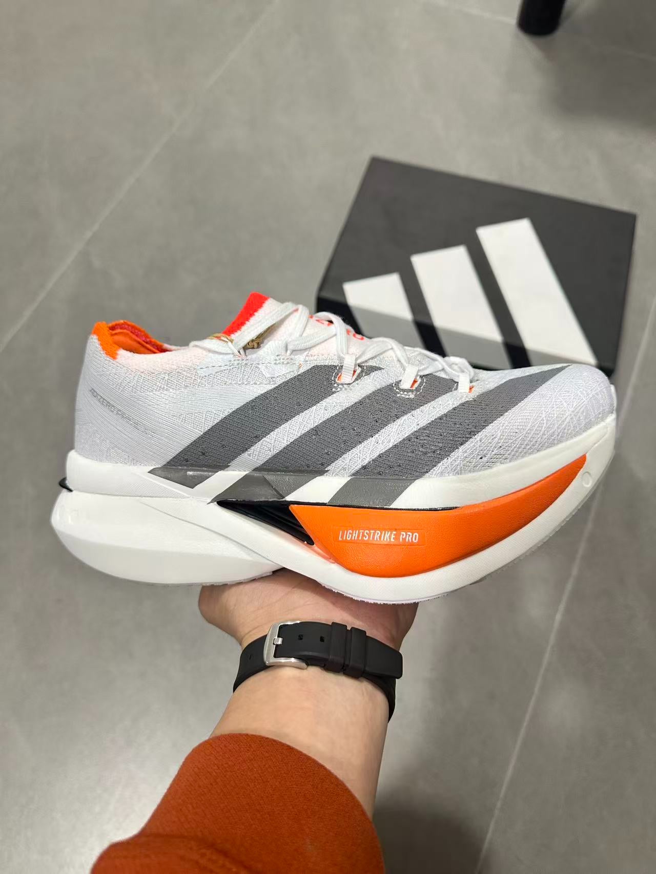 Adidas ADIZERO PRIME X3 STRUNG (Cloud White / Grey / Solar Red colorway) Shoes