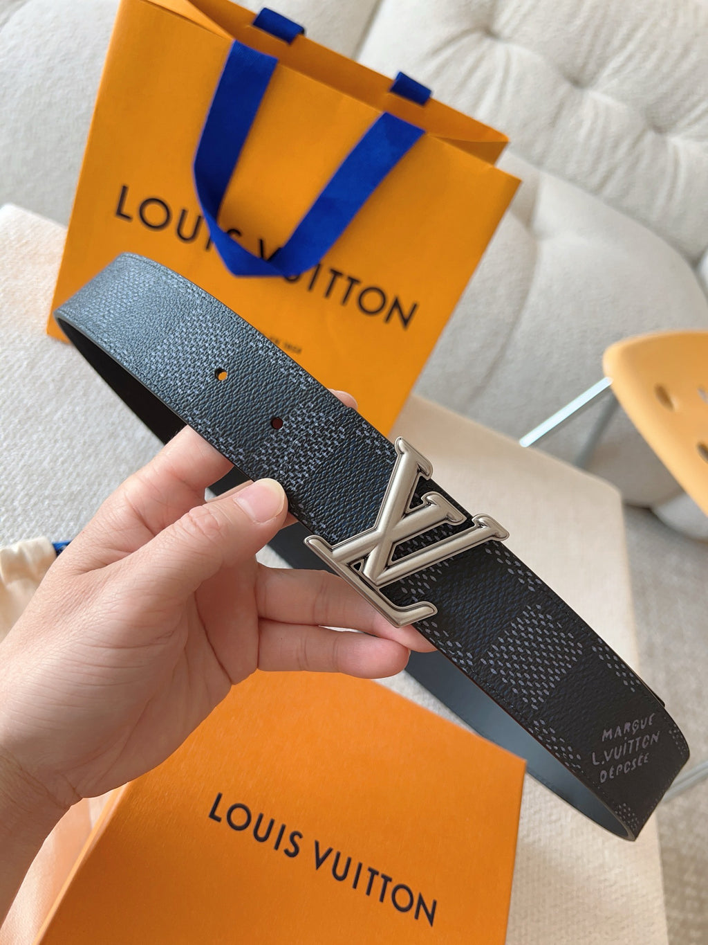 Black Dot Damier Pattern Men Belt Silver Metal LV Buckle Formal Dress Belt