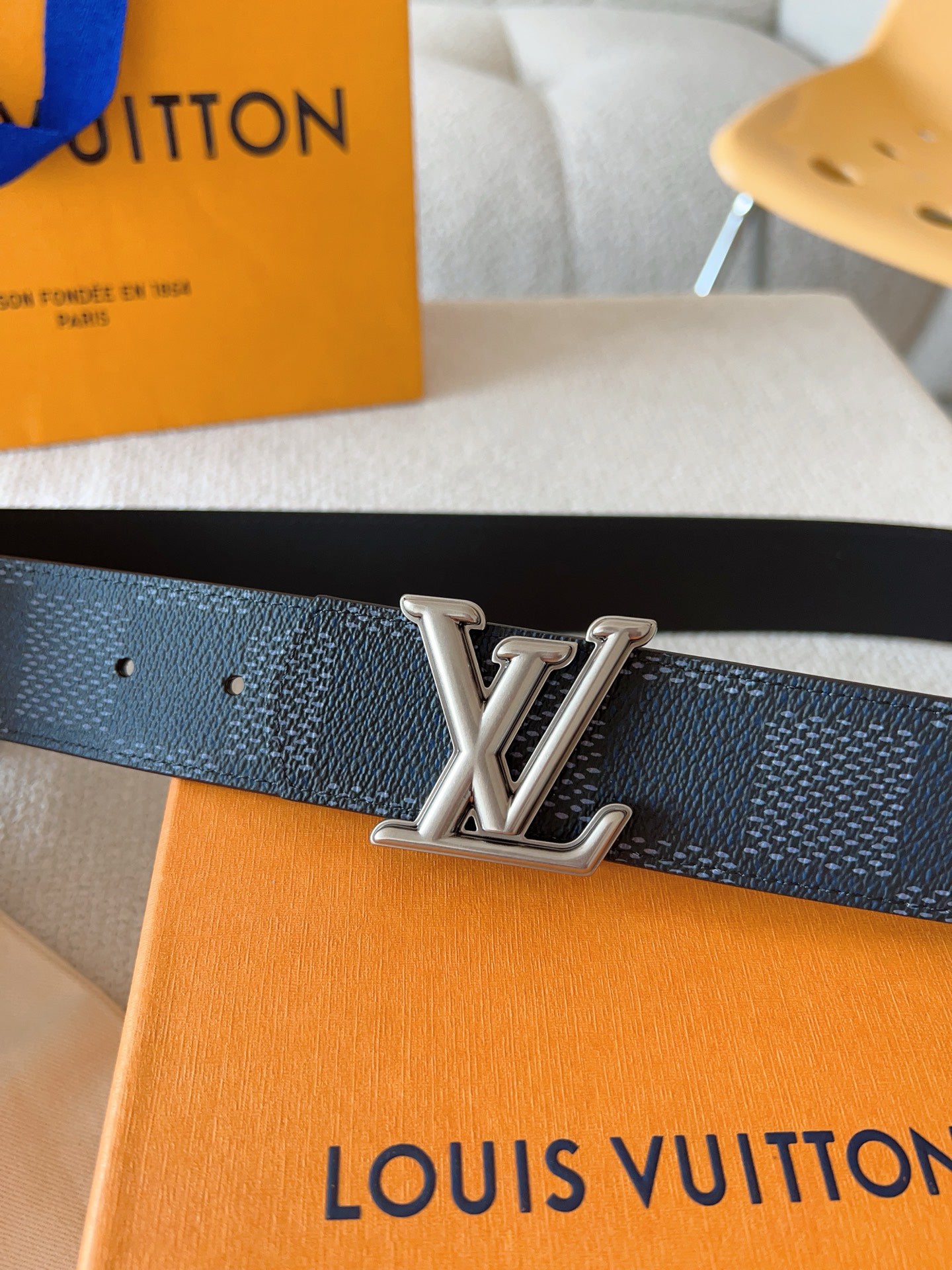 Black Dot Damier Pattern Men Belt Silver Metal LV Buckle Formal Dress Belt