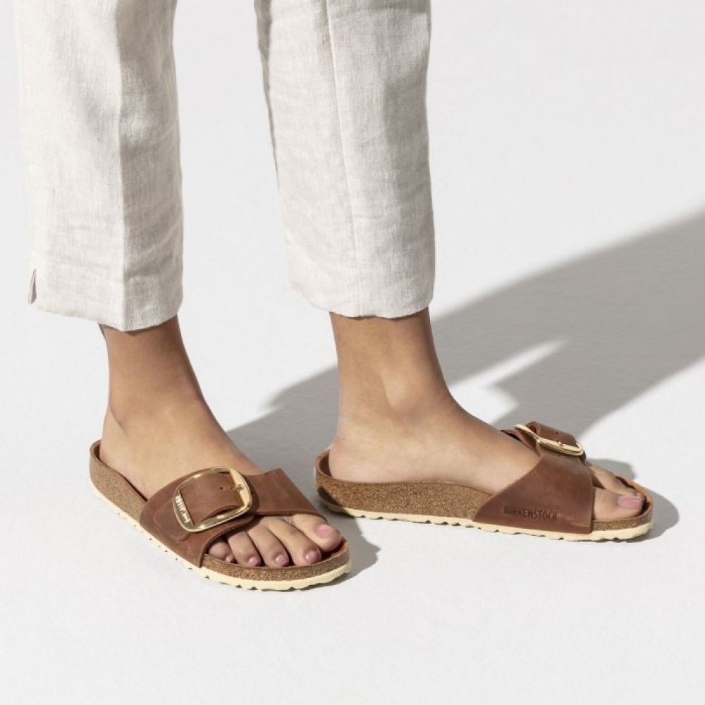 Birkenstock Women's Madrid Big Buckle Oiled Leather in Cognac Sandals