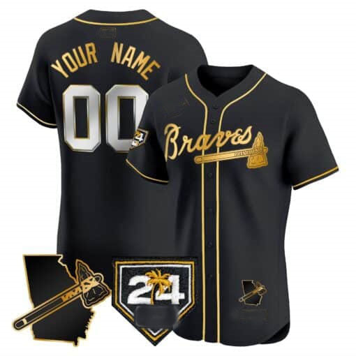 Atlanta Braves 2024 Spring Training & Georgia Patch Vapor Premier Elite Custom Jersey ��� Black Gold Baseball Jersey