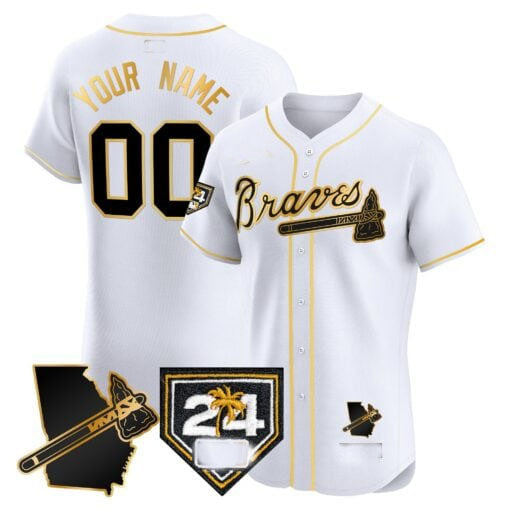 Atlanta Braves 2024 Spring Training & Georgia Patch Vapor Premier Elite Custom Jersey ���White Gold Baseball Jersey