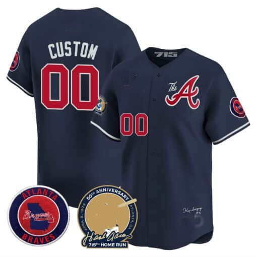 Atlanta Braves Hank Aaron 715th Home Run Patch Vapor Premier Limited Custom Jersey V2 ��� Navy Baseball Jersey