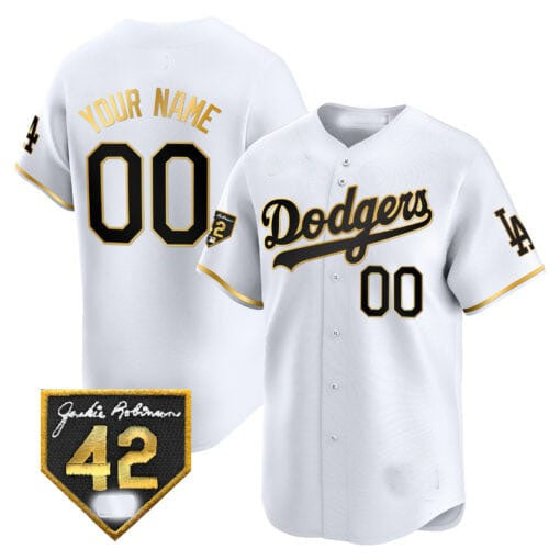 Dodgers 2024 Jackie Robinson Patch Vapor Premier Limited Custom Jersey White Gold Baseball Jersey