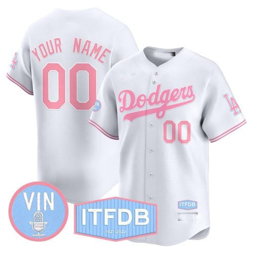 Dodgers Vin ITFDB Patch Bubblegum Pink Vapor Premier Limited Custom Jersey White Baseball Jersey