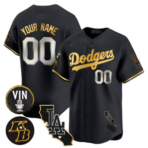 Dodgers Vin Patch & Kobe Bryant Gold Trim Vapor Premier Limited Custom Jersey V2 All Stitched-Black Baseball Jersey