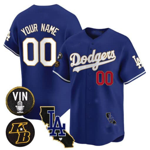Dodgers Vin Patch & Kobe Bryant Gold Trim Vapor Premier Limited Custom Jersey V2 Royal Baseball Jersey