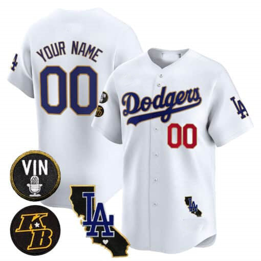 Dodgers Vin Patch & Kobe Bryant Gold Trim Vapor Premier Limited Custom Jersey V2  White Baseball Jersey
