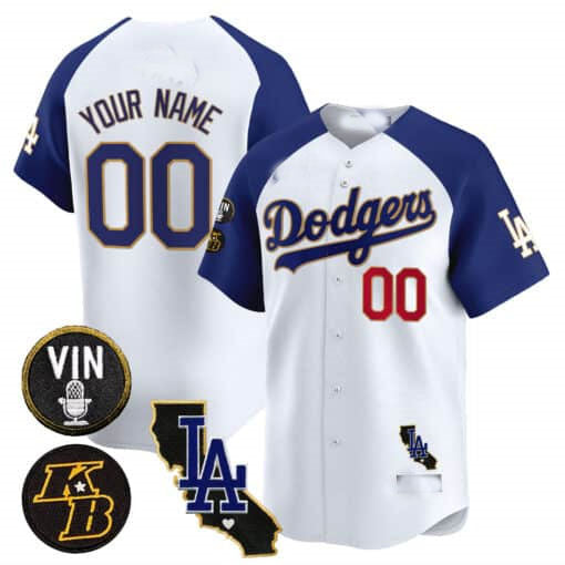 Dodgers Vin Patch & Kobe Bryant Gold Trim Vapor Premier Limited Custom Jersey V2 White Baseball Jersey