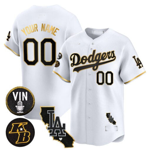 Dodgers Vin Patch & Kobe Bryant Gold Trim Vapor Premier Limited Custom Jersey V2 White Gold Baseball Jersey