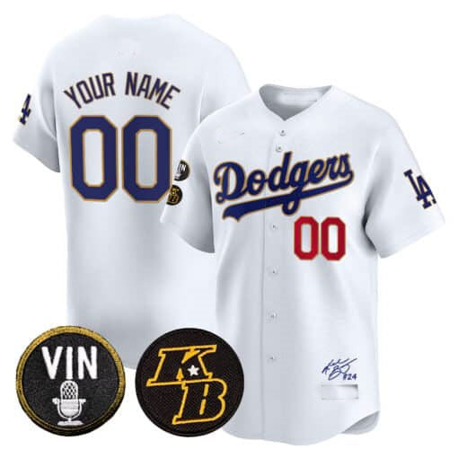 Dodgers Vin Patch & Kobe Bryant Signature Vapor Premier Limited Custom Jersey White Gold Baseball Jersey