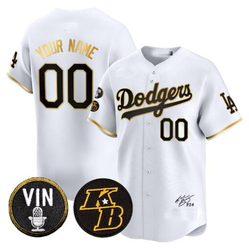 Dodgers Vin Patch & Kobe Bryant Signature Vapor Premier Limited Custom Jersey White Gold Baseball Jersey