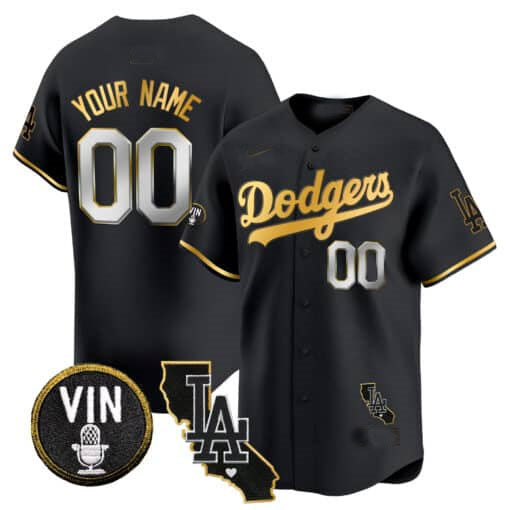 Dodgers Vin & California Patch Gold Trim Vapor Premier Limited Custom Jersey  All Stitched-Black Baseball Jersey