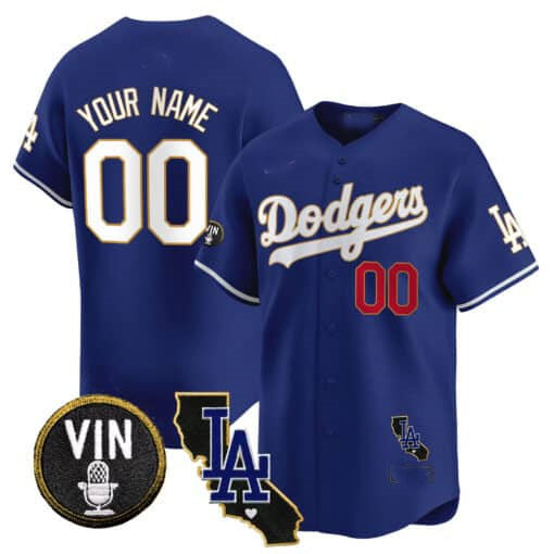 Dodgers Vin & California Patch Gold Trim Vapor Premier Limited Custom Jersey  Royal Baseball Jersey
