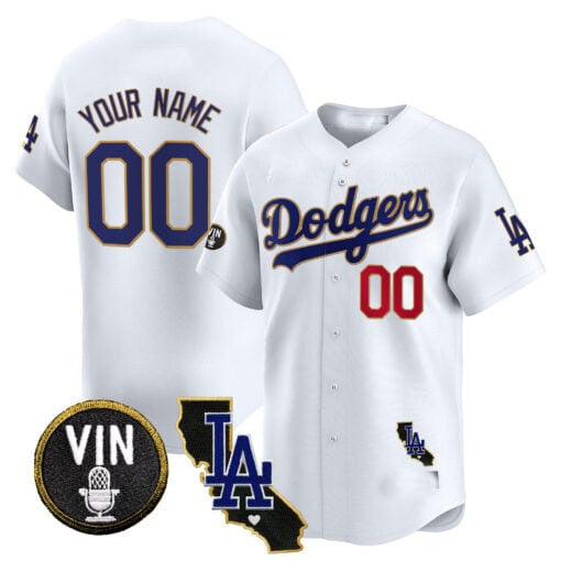 Dodgers Vin & California Patch Gold Trim Vapor Premier Limited Custom Jersey White Gold Baseball Jersey