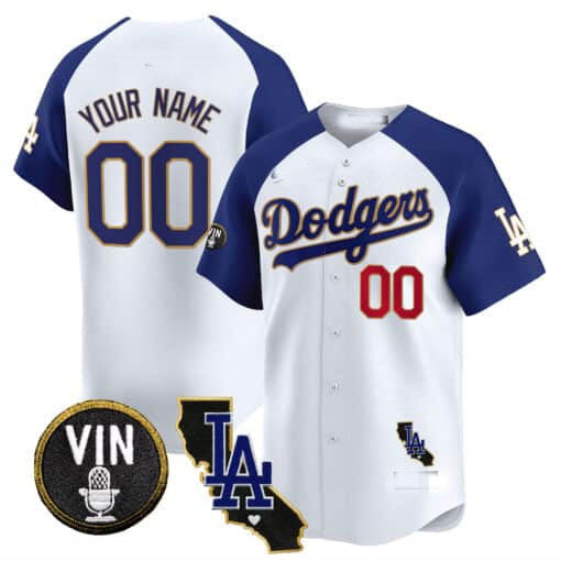 Dodgers Vin & California Patch Gold Trim Vapor Premier Limited Custom Jersey  White Baseball Jersey