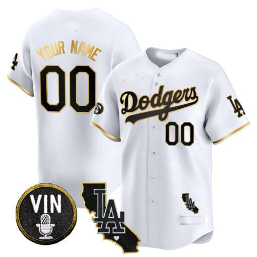 Dodgers Vin & California Patch Gold Trim Vapor Premier Limited Custom Jersey  White Gold Baseball Jersey