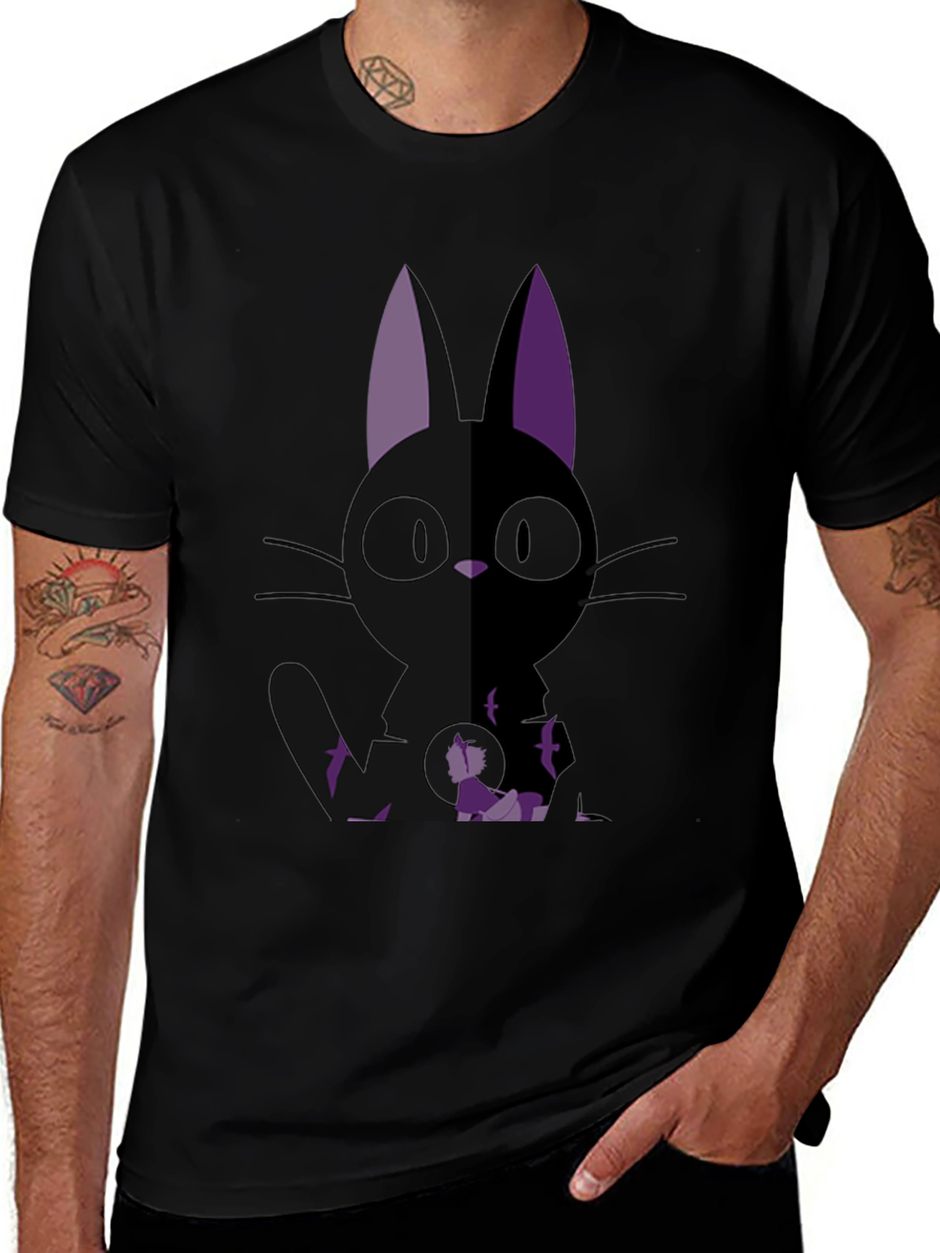 Anime Cat Graphic Tee - Black