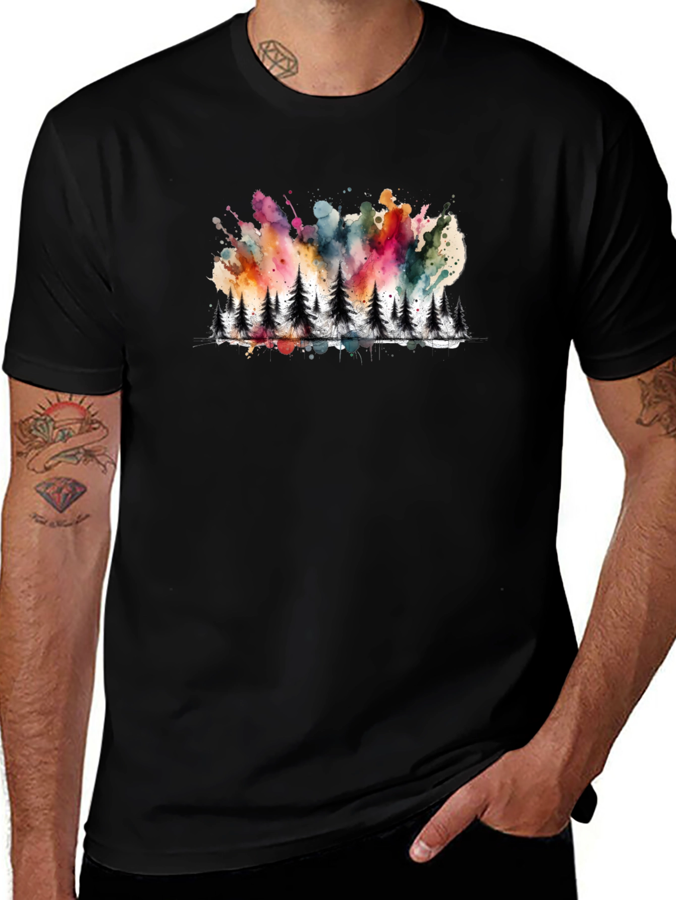 Watercolor Forest Print Black Tee