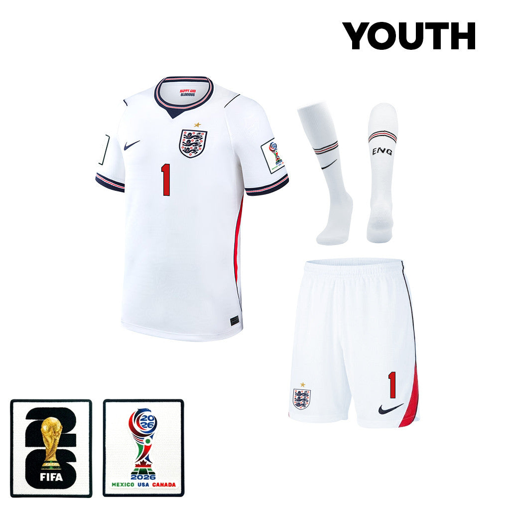 Jordan Pickford #1 England World Cup 2026 YOUTH Soccer Home Kit Set – White
