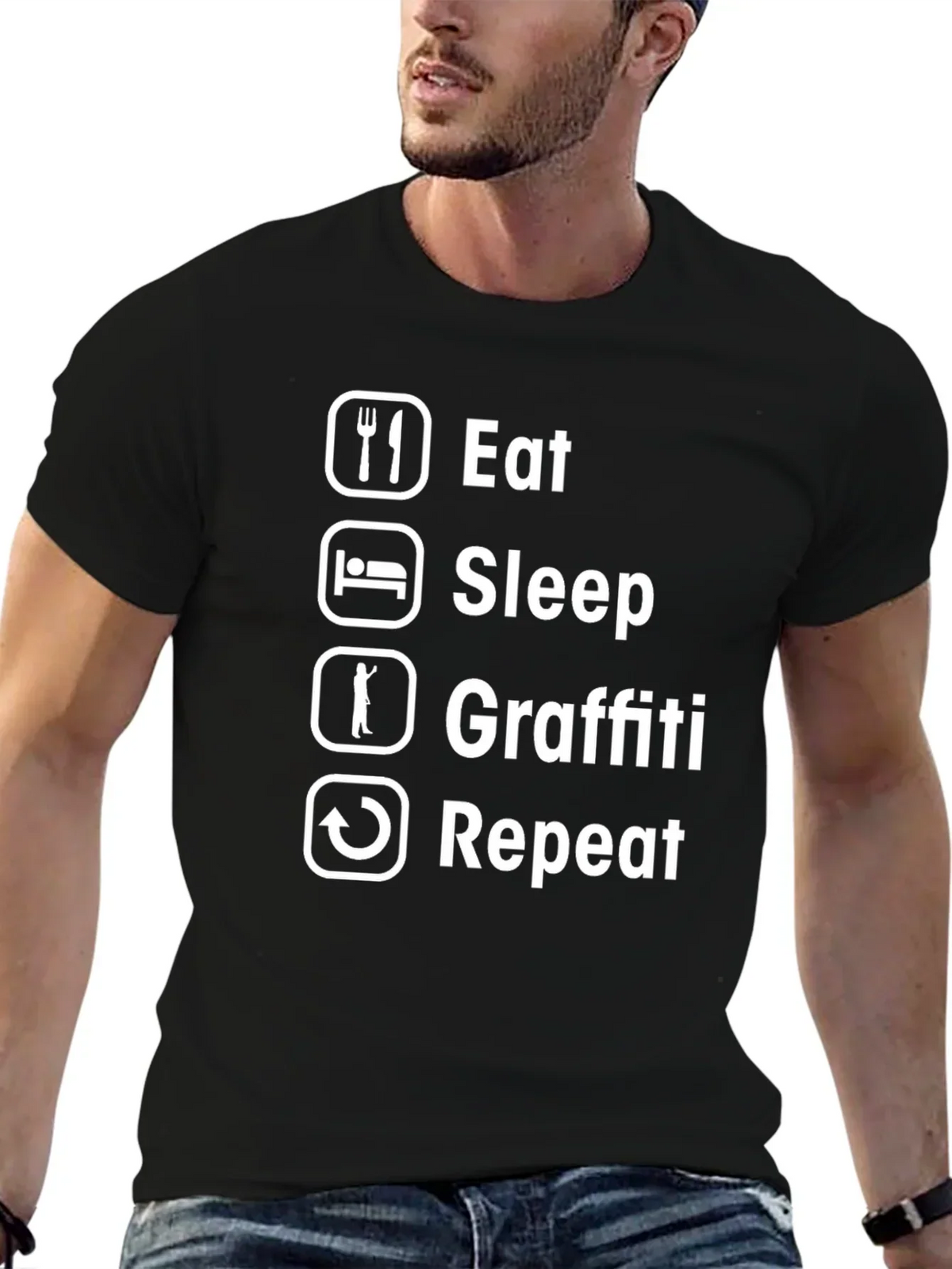 Eat Sleep Graffiti Repeat T-Shirt - Black Cotton Crew Neck