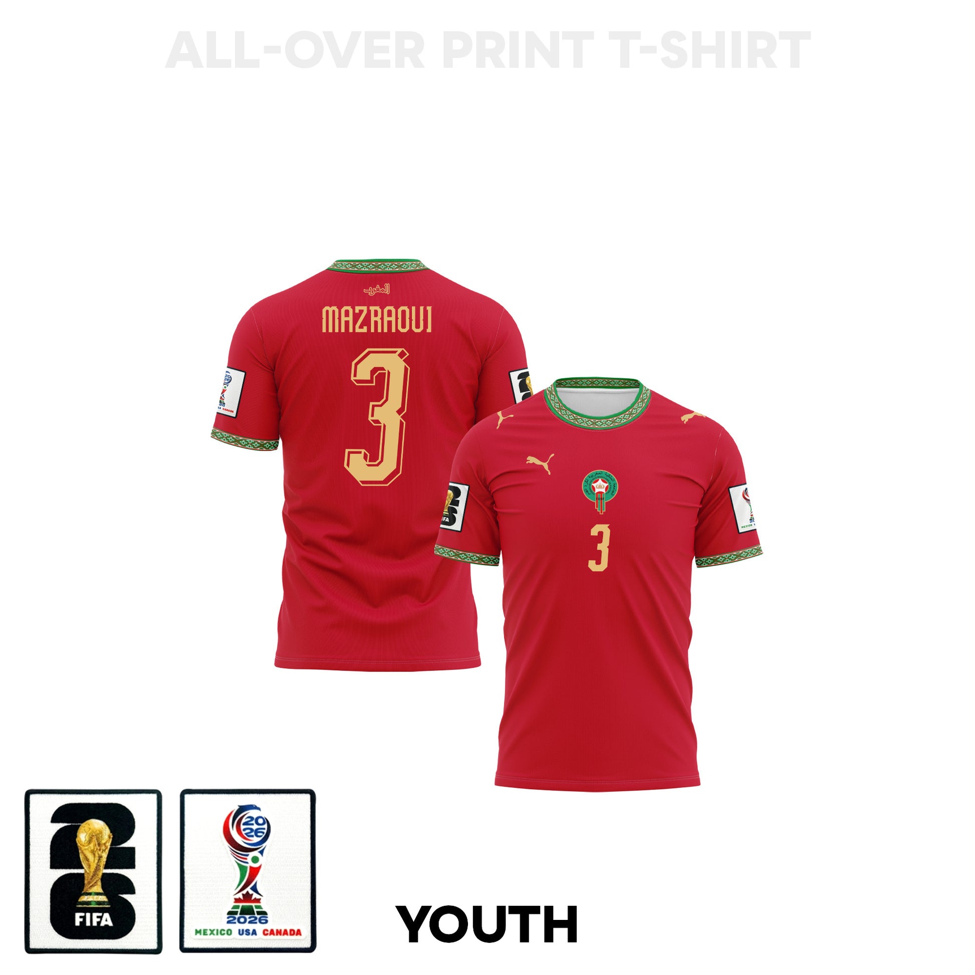 Noussair Mazraoui 3 Youth Morocco 2026 Home 3D T-shirt Fully Printed Soccer – Red